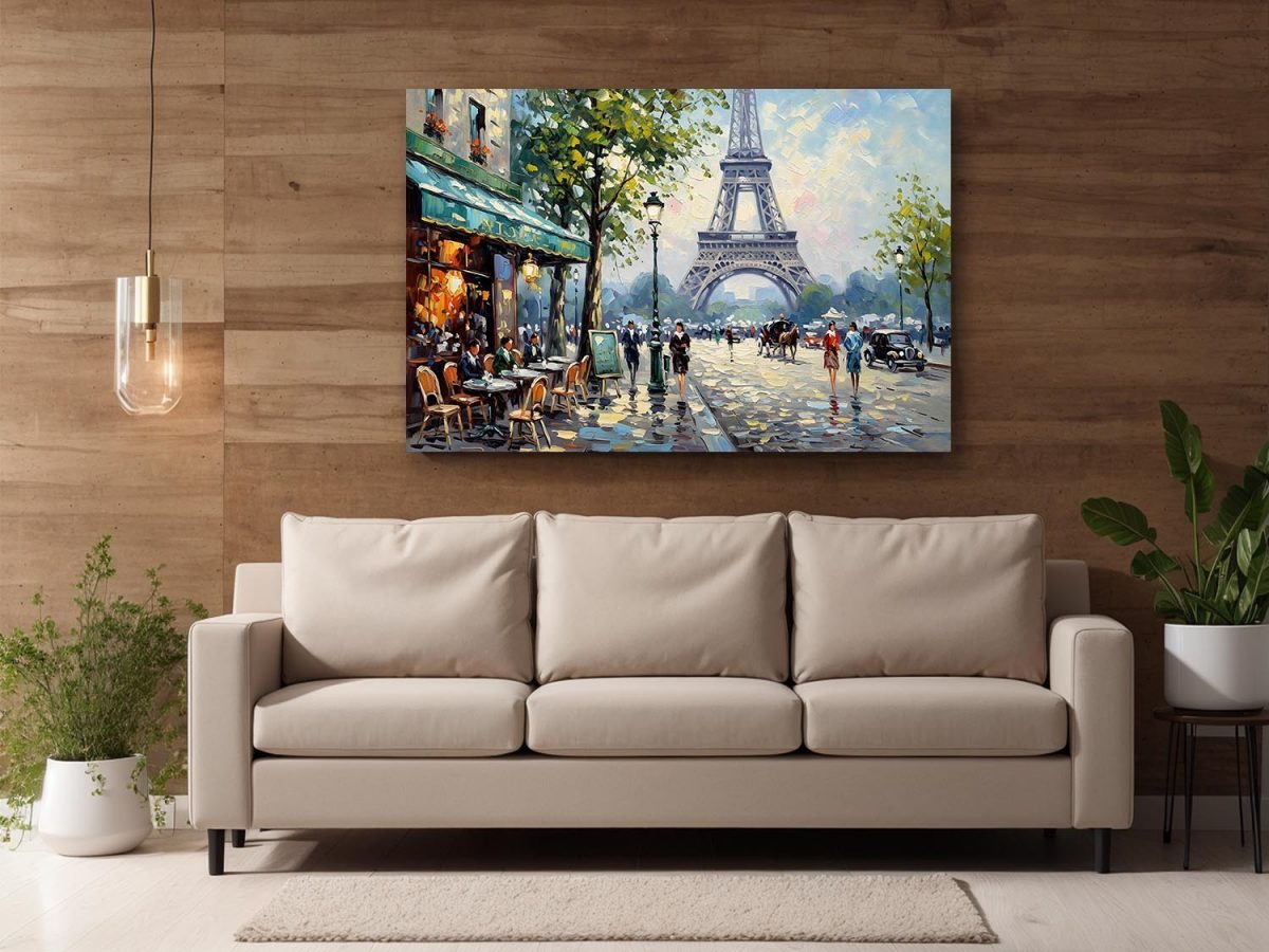 Pariser Café-Szene mit Eiffelturm , Bild auf Leinwand