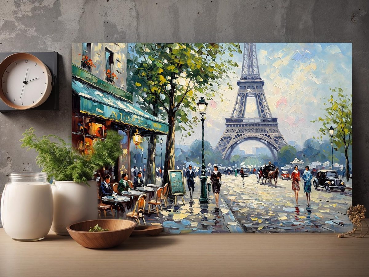 Pariser Café-Szene mit Eiffelturm , Bild auf Leinwand