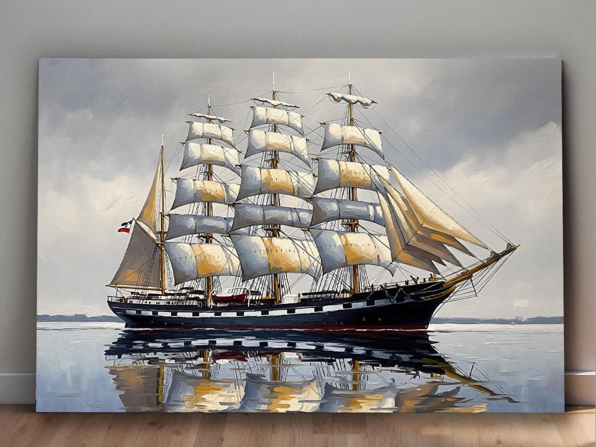 Segelschiff mit Vollbesegelung auf ruhiger See, Bild auf Leinwand