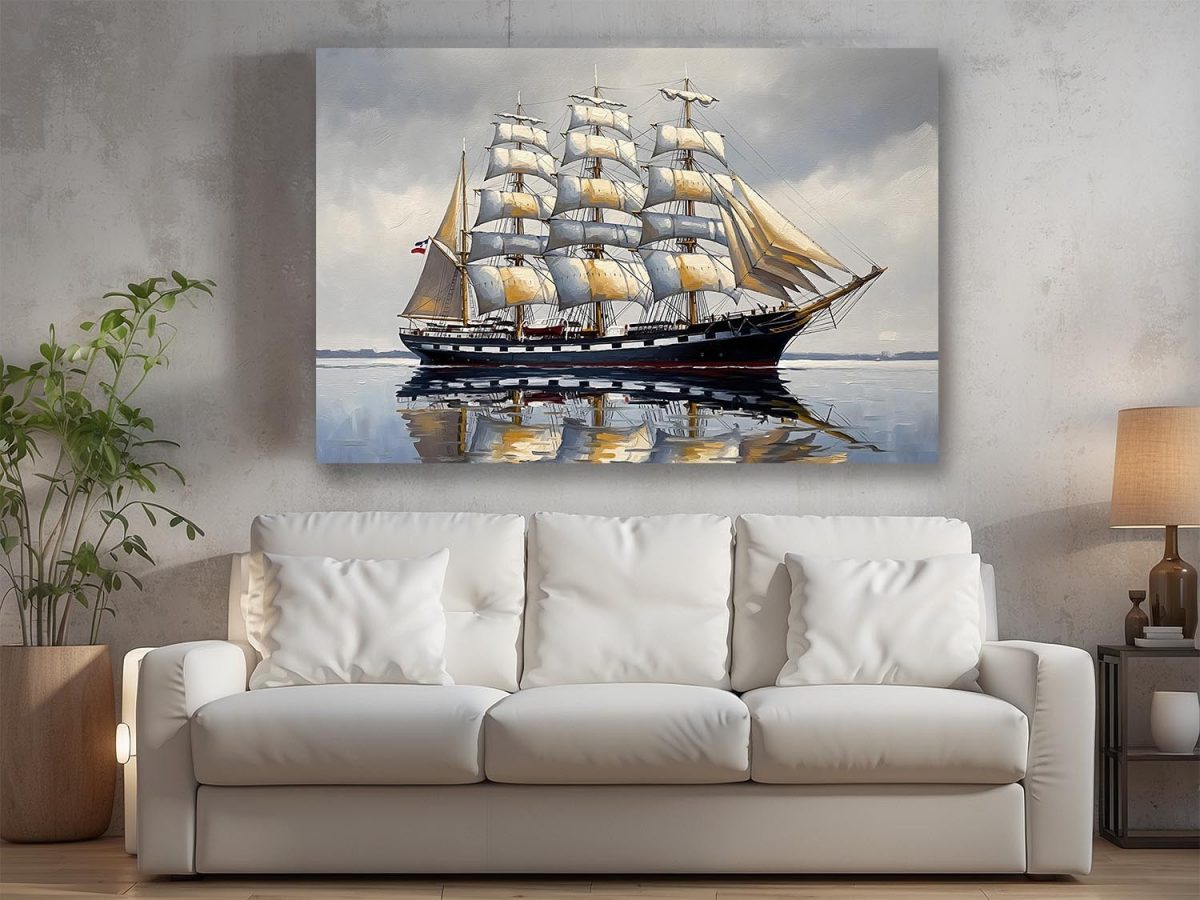 Segelschiff mit Vollbesegelung auf ruhiger See, Bild auf Leinwand