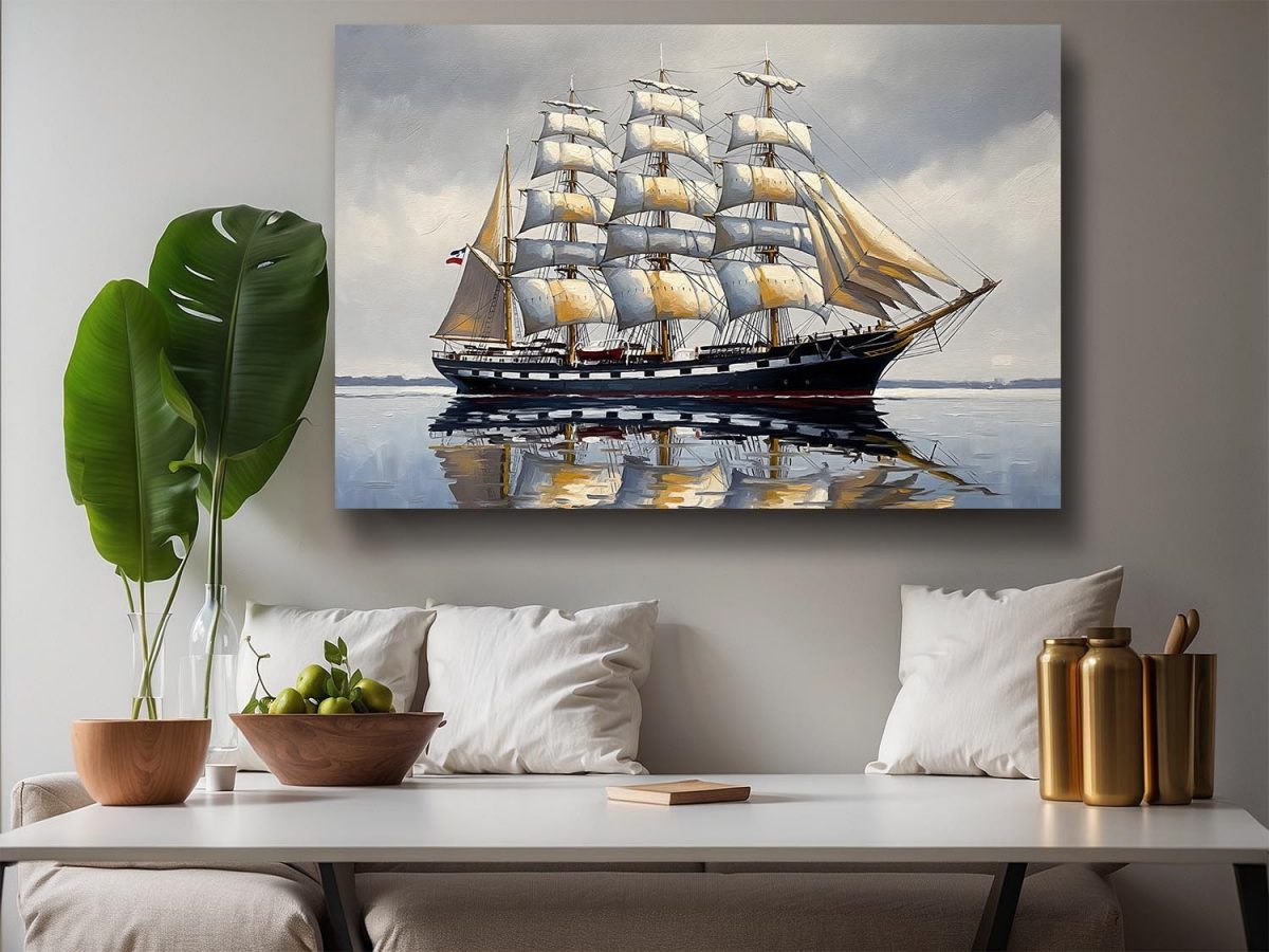Segelschiff mit Vollbesegelung auf ruhiger See, Bild auf Leinwand