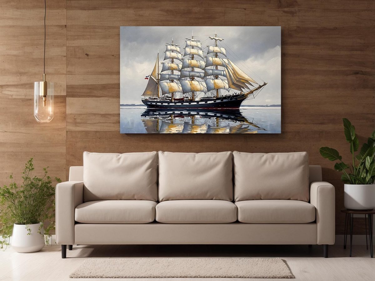 Segelschiff mit Vollbesegelung auf ruhiger See, Bild auf Leinwand