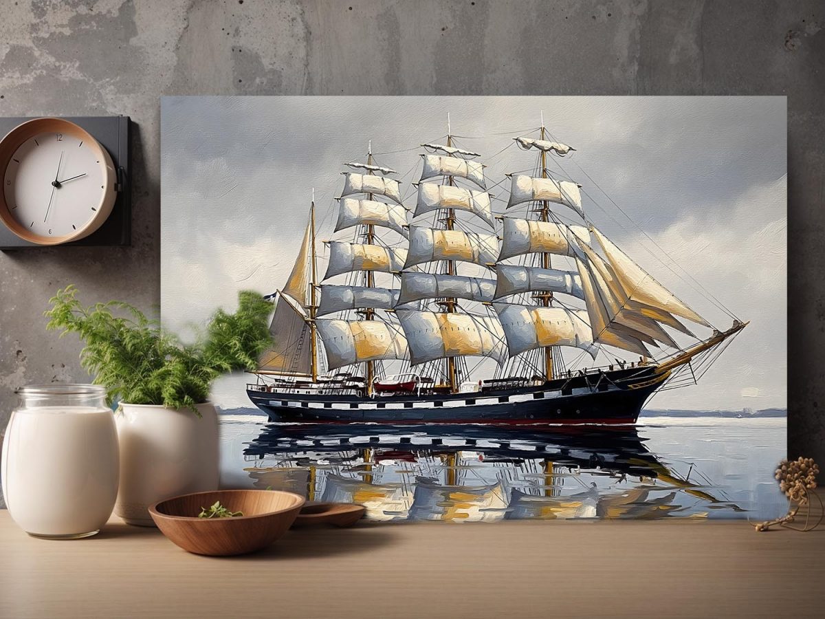Segelschiff mit Vollbesegelung auf ruhiger See, Bild auf Leinwand