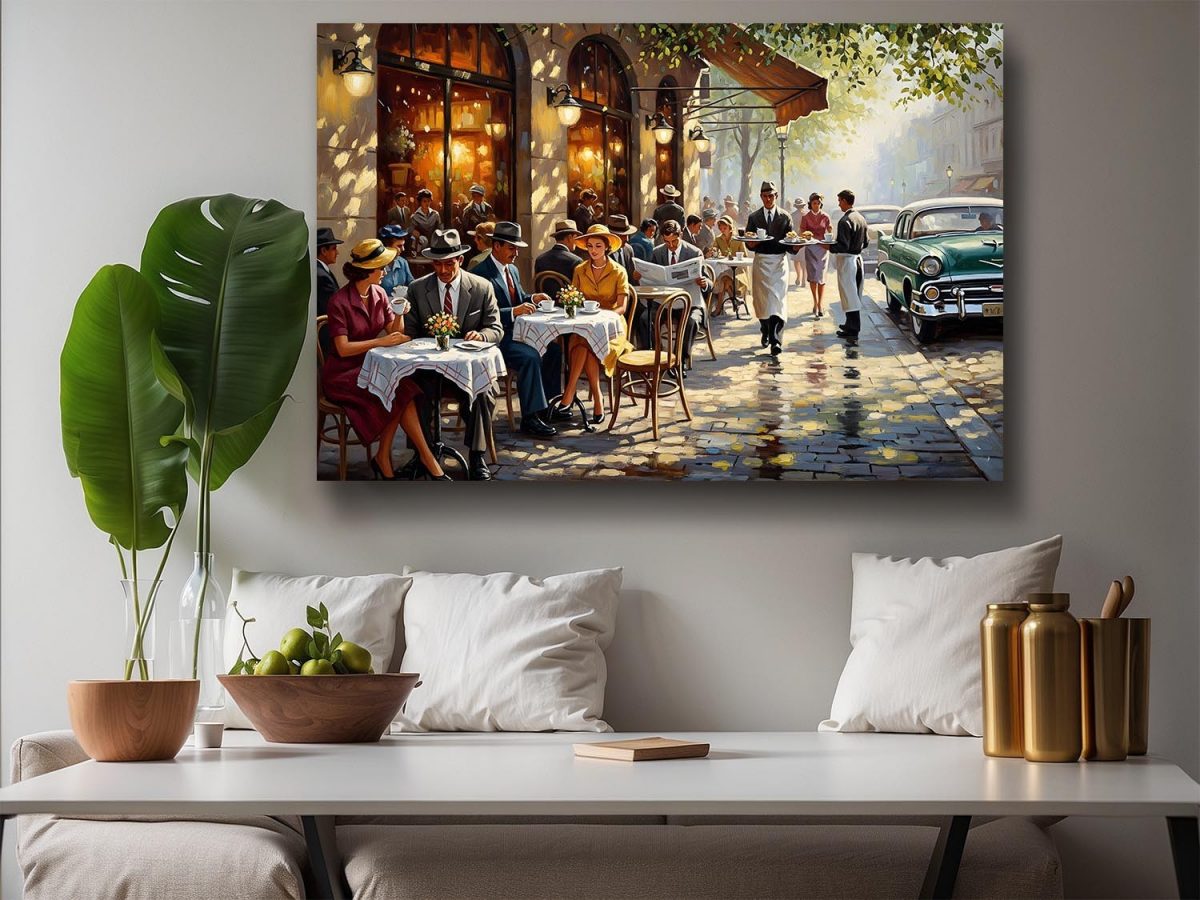 Straßencafé der 1950er Jahre , Bild auf Leinwand