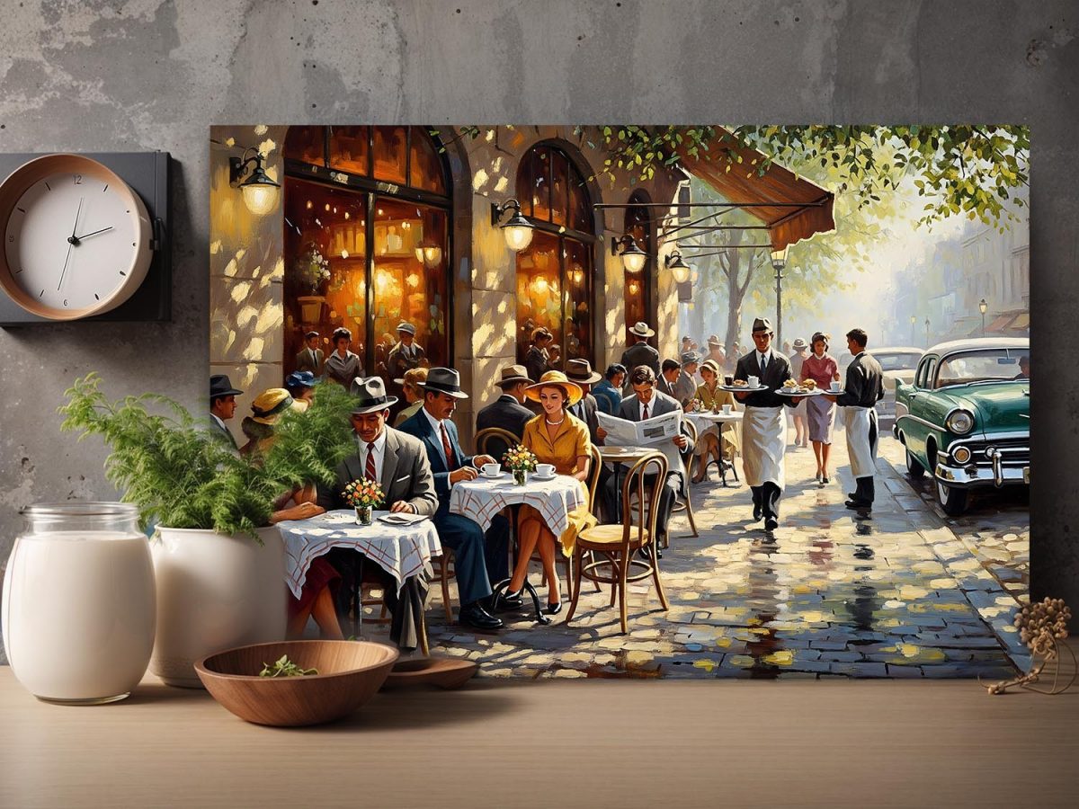 Straßencafé der 1950er Jahre , Bild auf Leinwand