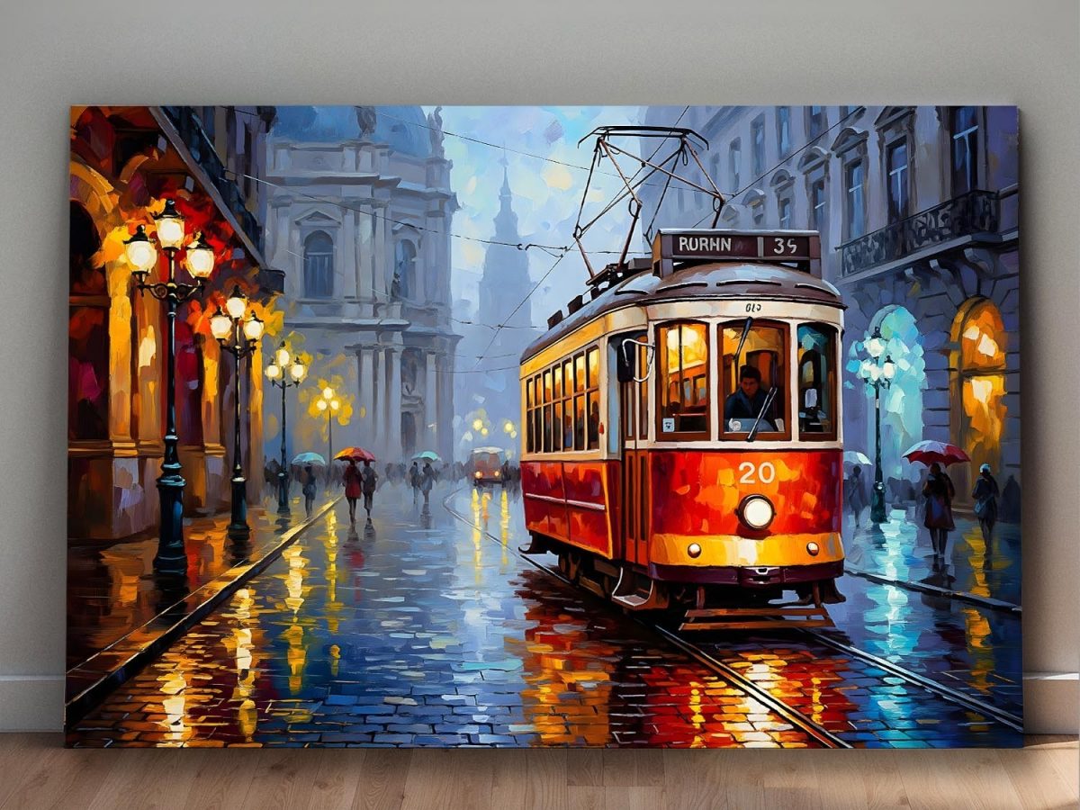 57-728.jpg Historische Straßenbahn im Regen, Bild auf Leinwand,