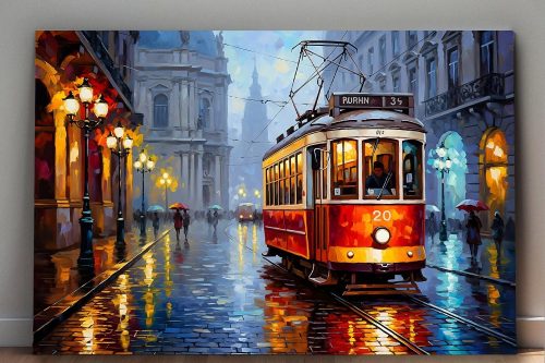 57-728.jpg Historische Straßenbahn im Regen, Bild auf Leinwand,