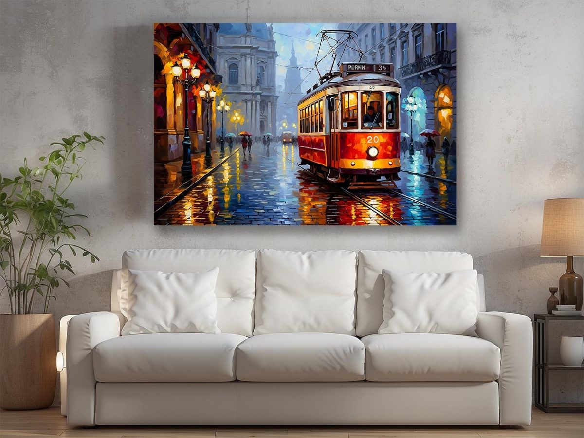 57-729.jpg Historische Straßenbahn im Regen, Bild auf Leinwand,