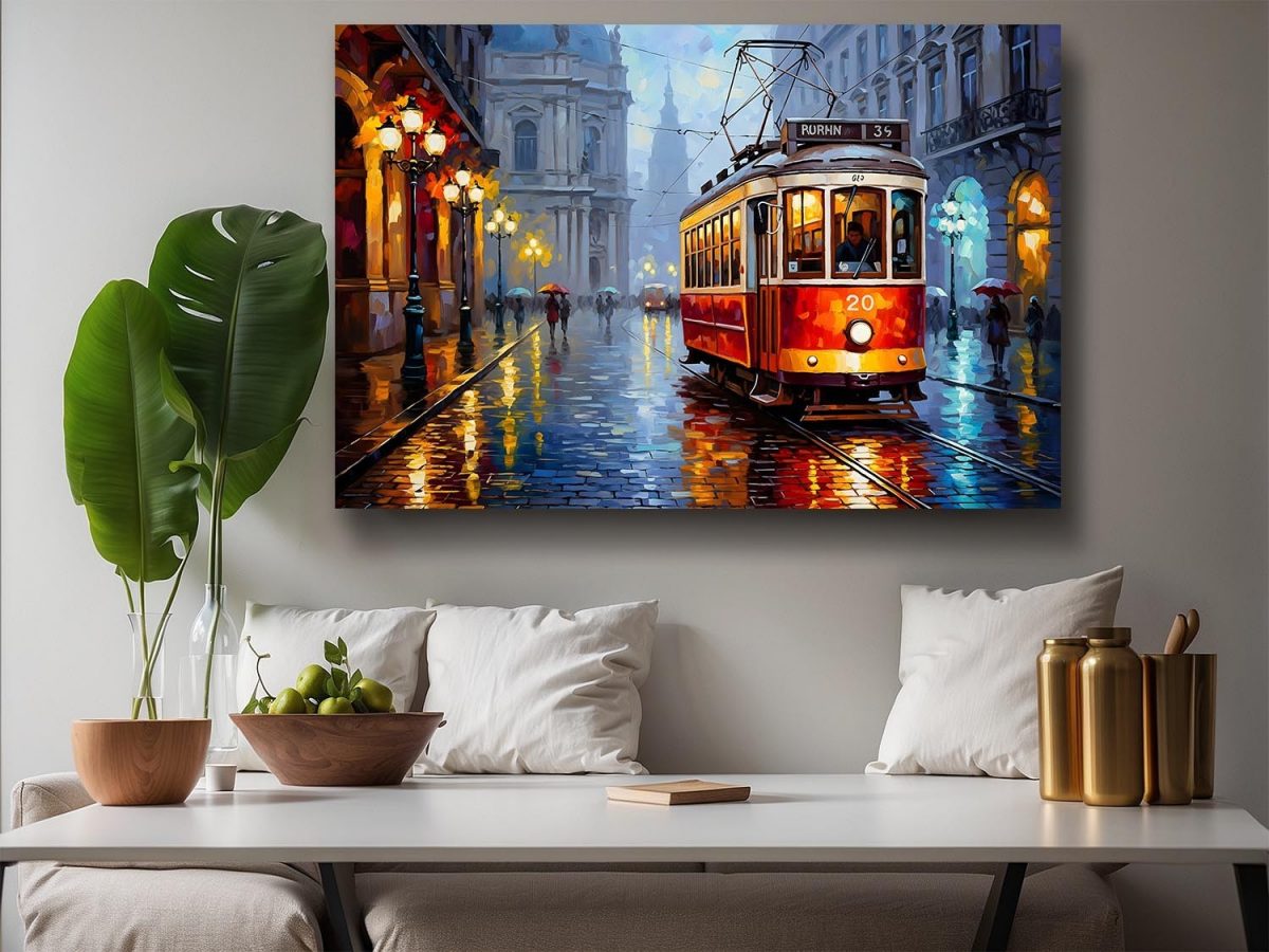 57-730.jpg Historische Straßenbahn im Regen, Bild auf Leinwand,