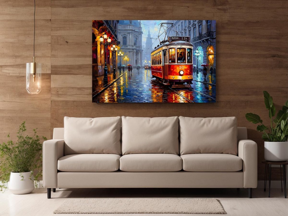 57-731.jpg Historische Straßenbahn im Regen, Bild auf Leinwand,