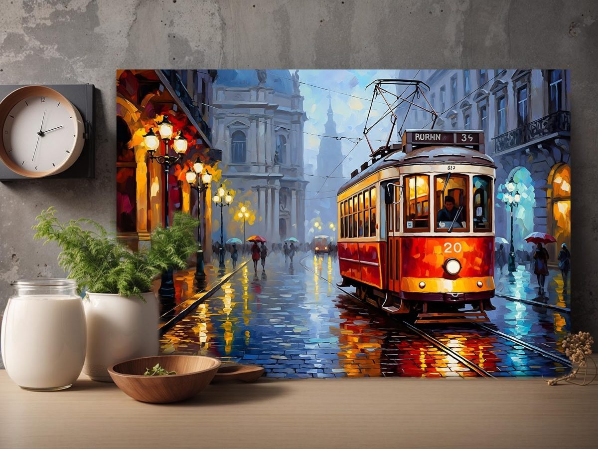 57-732.jpg Historische Straßenbahn im Regen, Bild auf Leinwand,