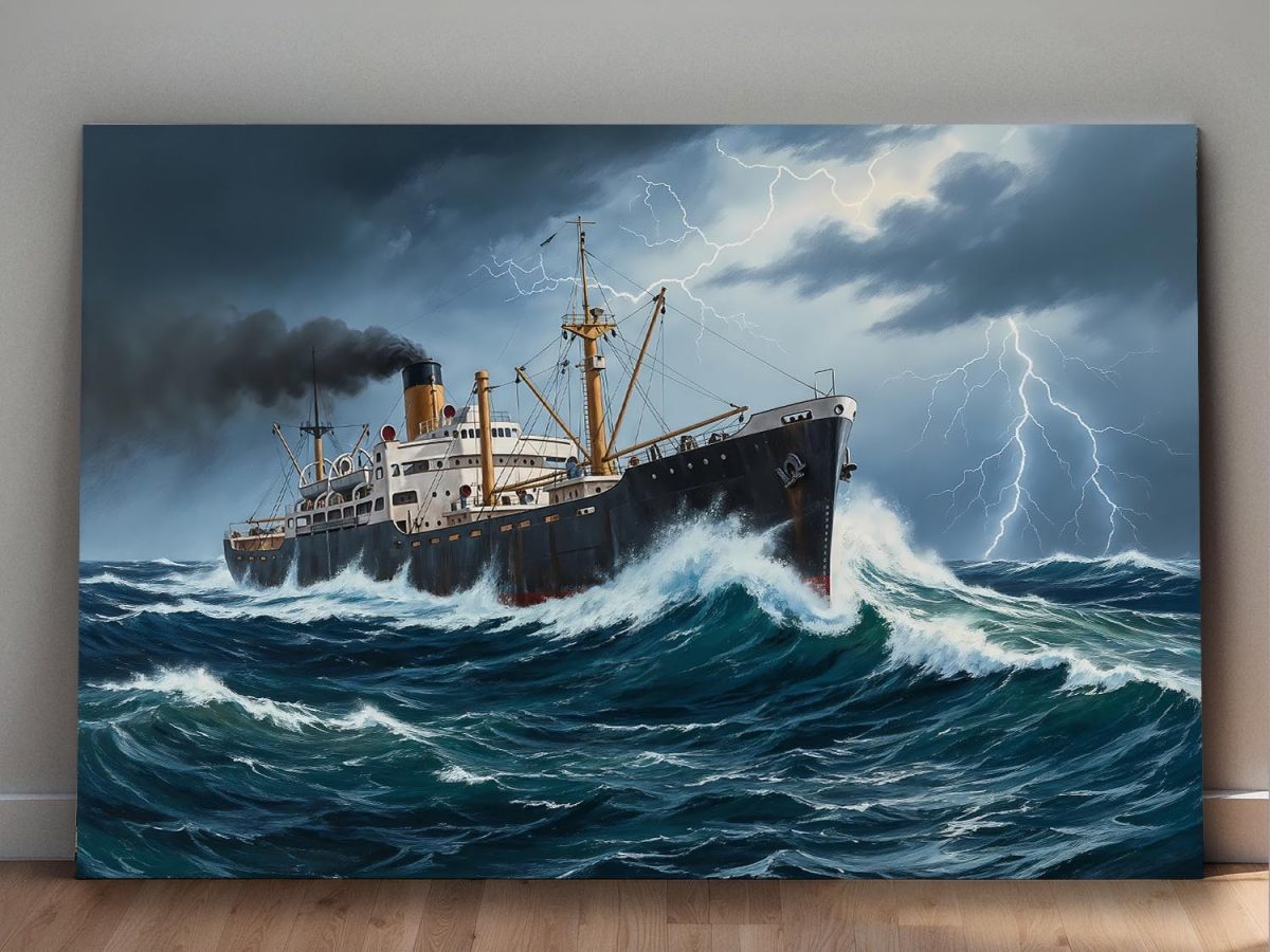 Dampfschiff im Sturm, Bild auf Leinwand, Frachter, Frachtschiff