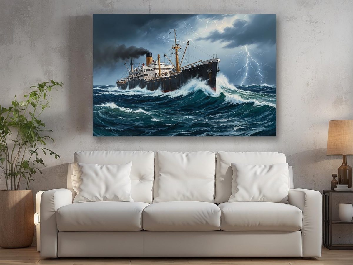 Dampfschiff im Sturm, Bild auf Leinwand, Frachter, Frachtschiff