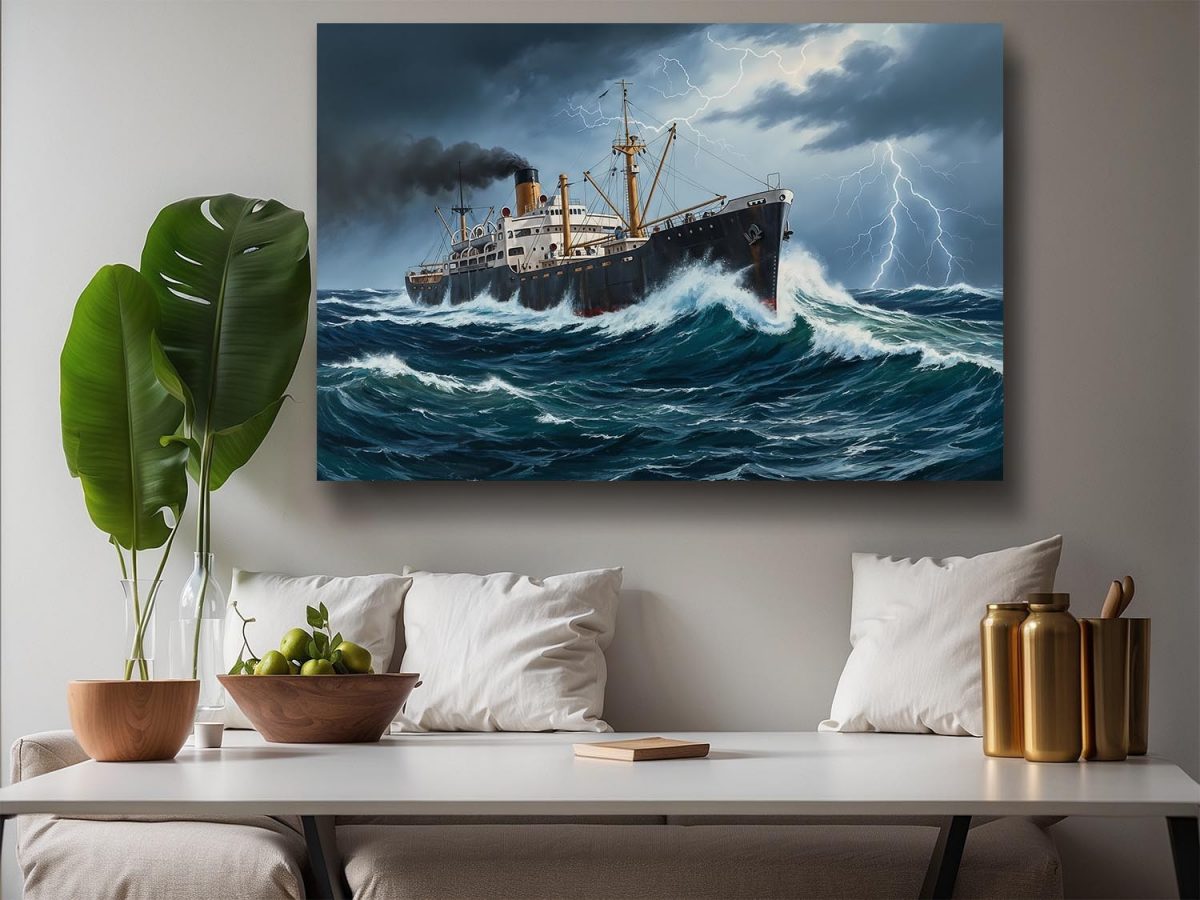 Dampfschiff im Sturm, Bild auf Leinwand, Frachter, Frachtschiff