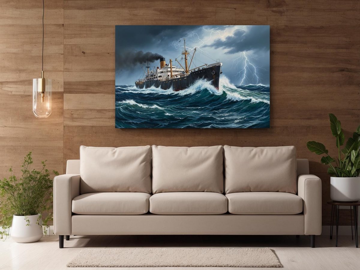 Dampfschiff im Sturm, Bild auf Leinwand, Frachter, Frachtschiff