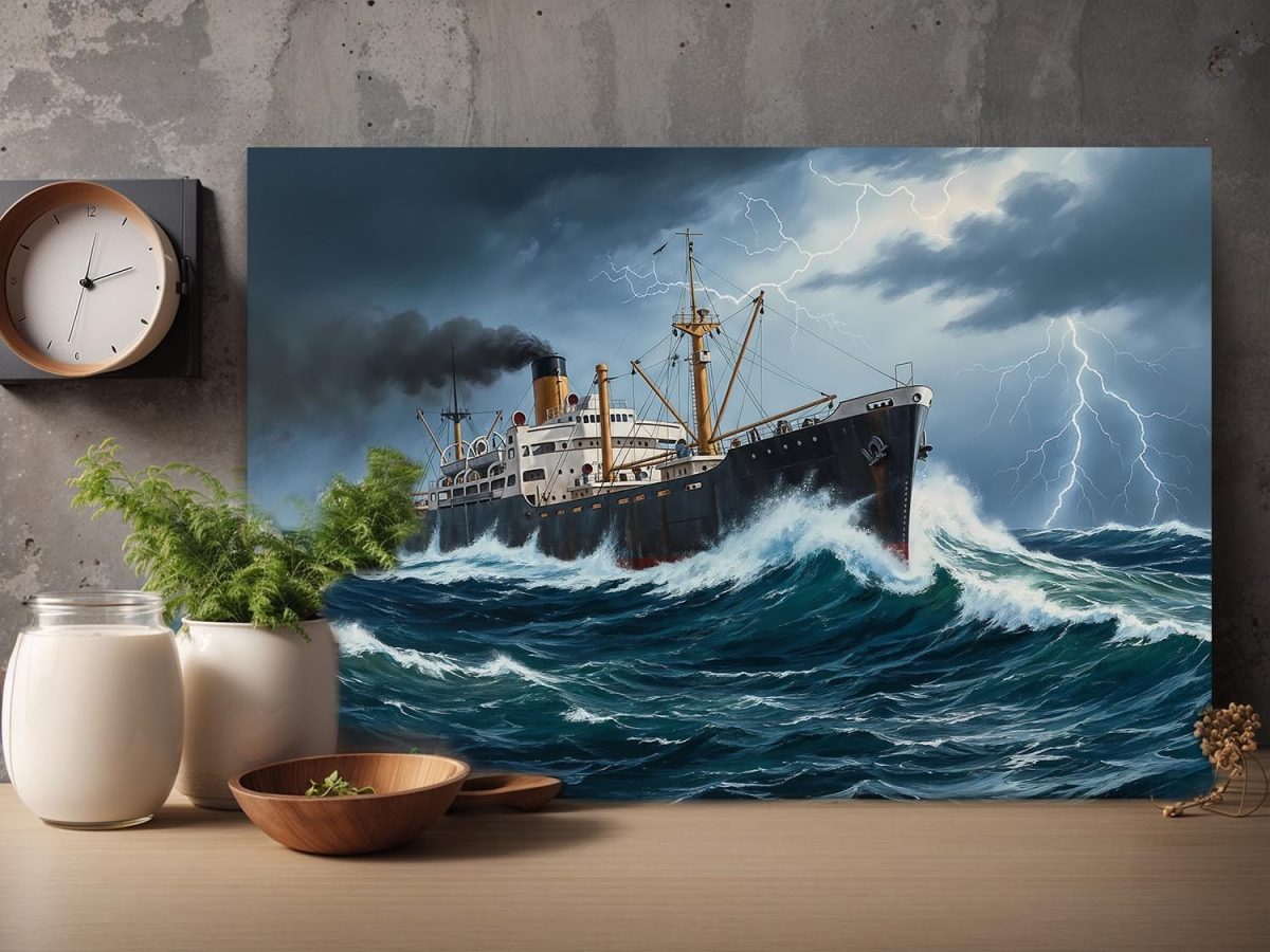 Dampfschiff im Sturm, Bild auf Leinwand, Frachter, Frachtschiff