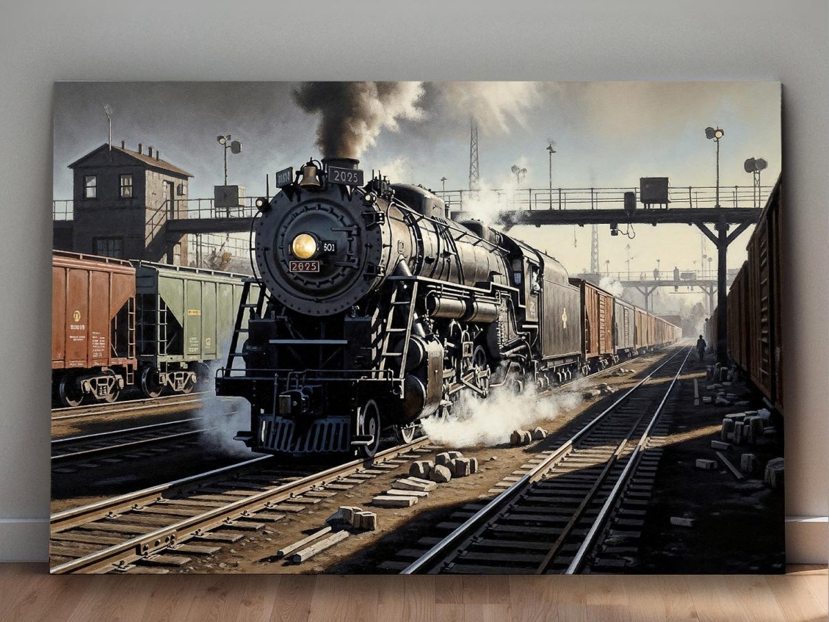 57-738.jpg Dampflokomotive im Bahnhof , Bild auf Leinwand