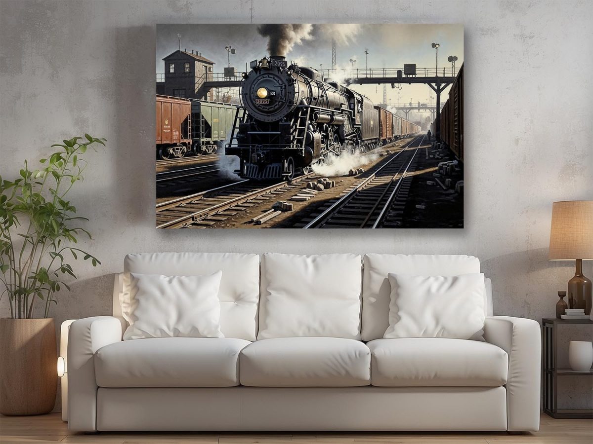 57-739.jpg Dampflokomotive im Bahnhof , Bild auf Leinwand