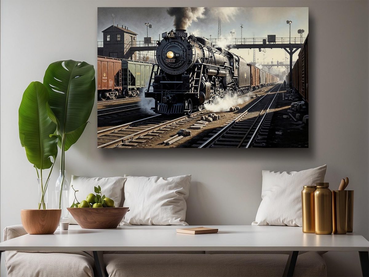 57-740.jpg Dampflokomotive im Bahnhof , Bild auf Leinwand