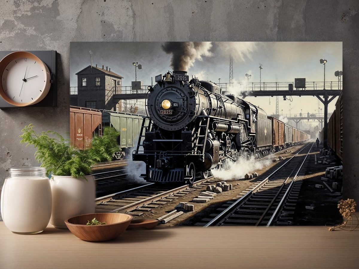 57-742.jpg Dampflokomotive im Bahnhof , Bild auf Leinwand