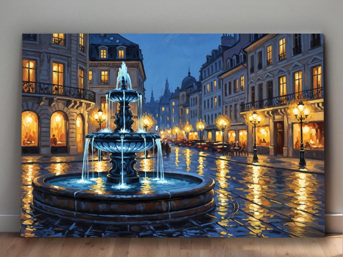 Abendlicher Stadtplatz mit Brunnen , Bild auf Leinwand