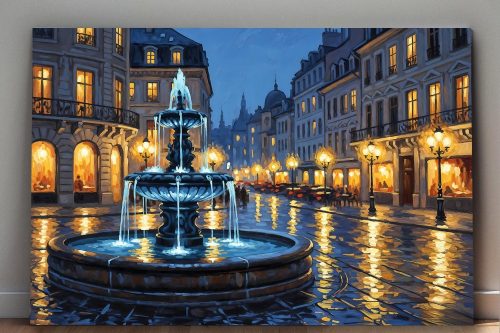 Abendlicher Stadtplatz mit Brunnen , Bild auf Leinwand