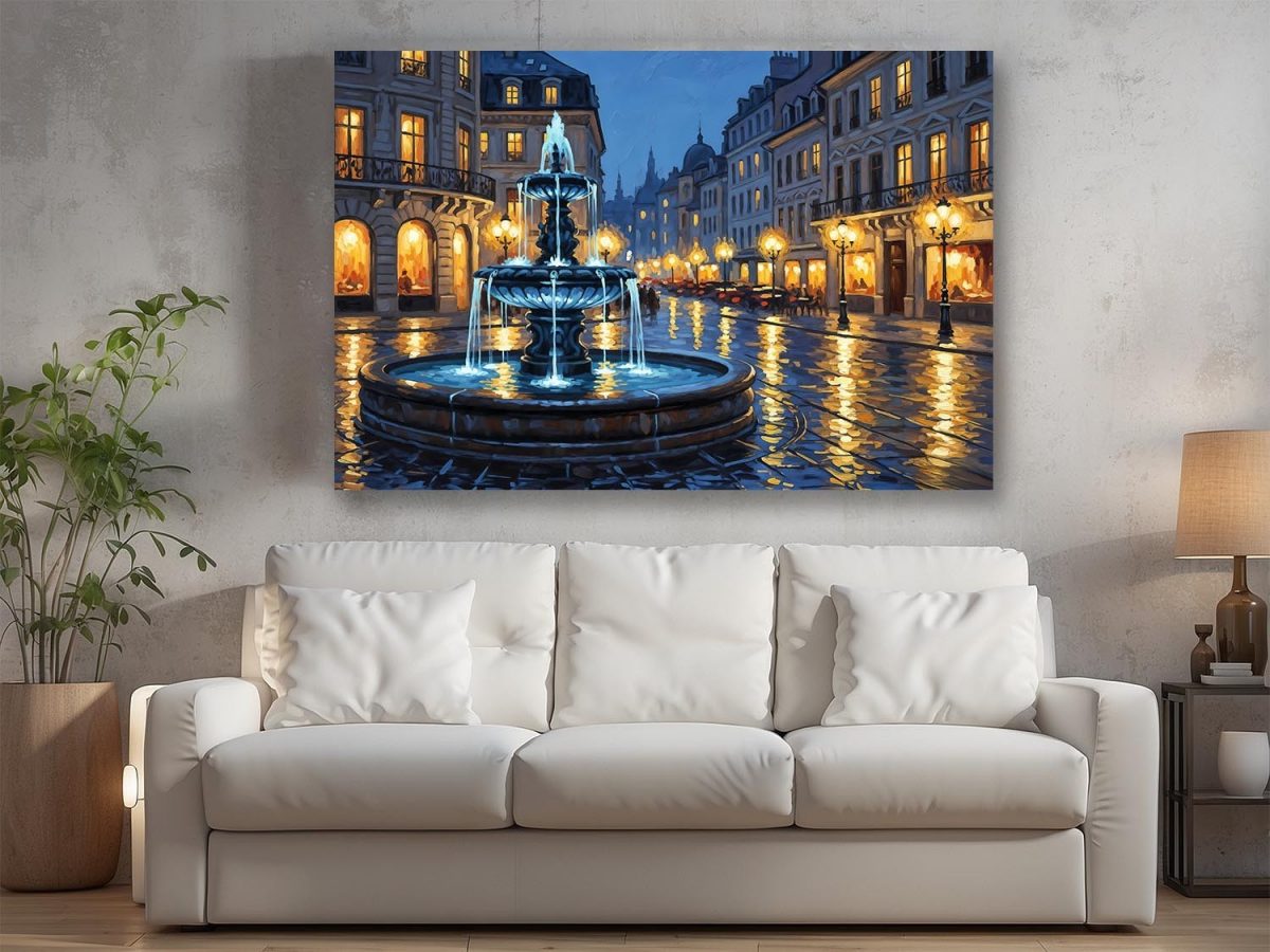 Abendlicher Stadtplatz mit Brunnen , Bild auf Leinwand