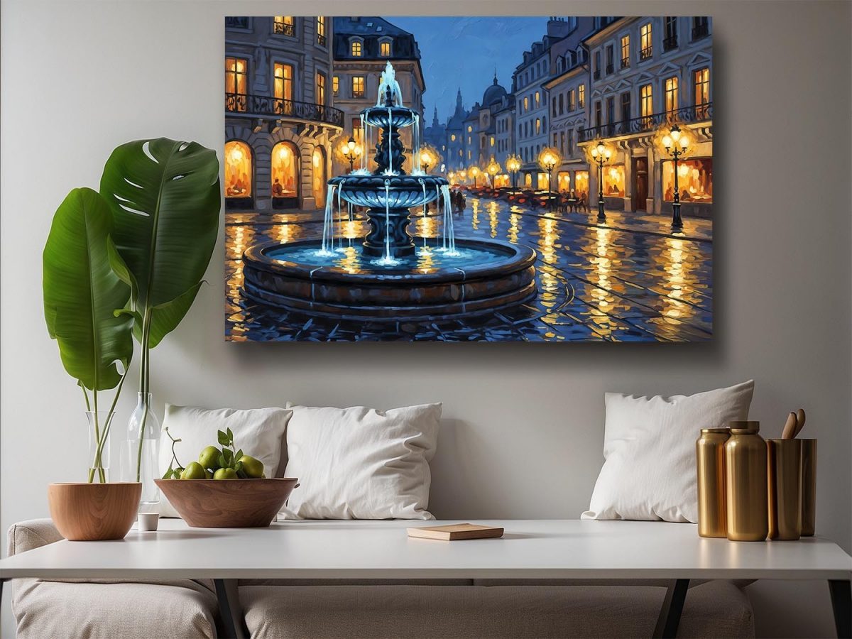 Abendlicher Stadtplatz mit Brunnen , Bild auf Leinwand