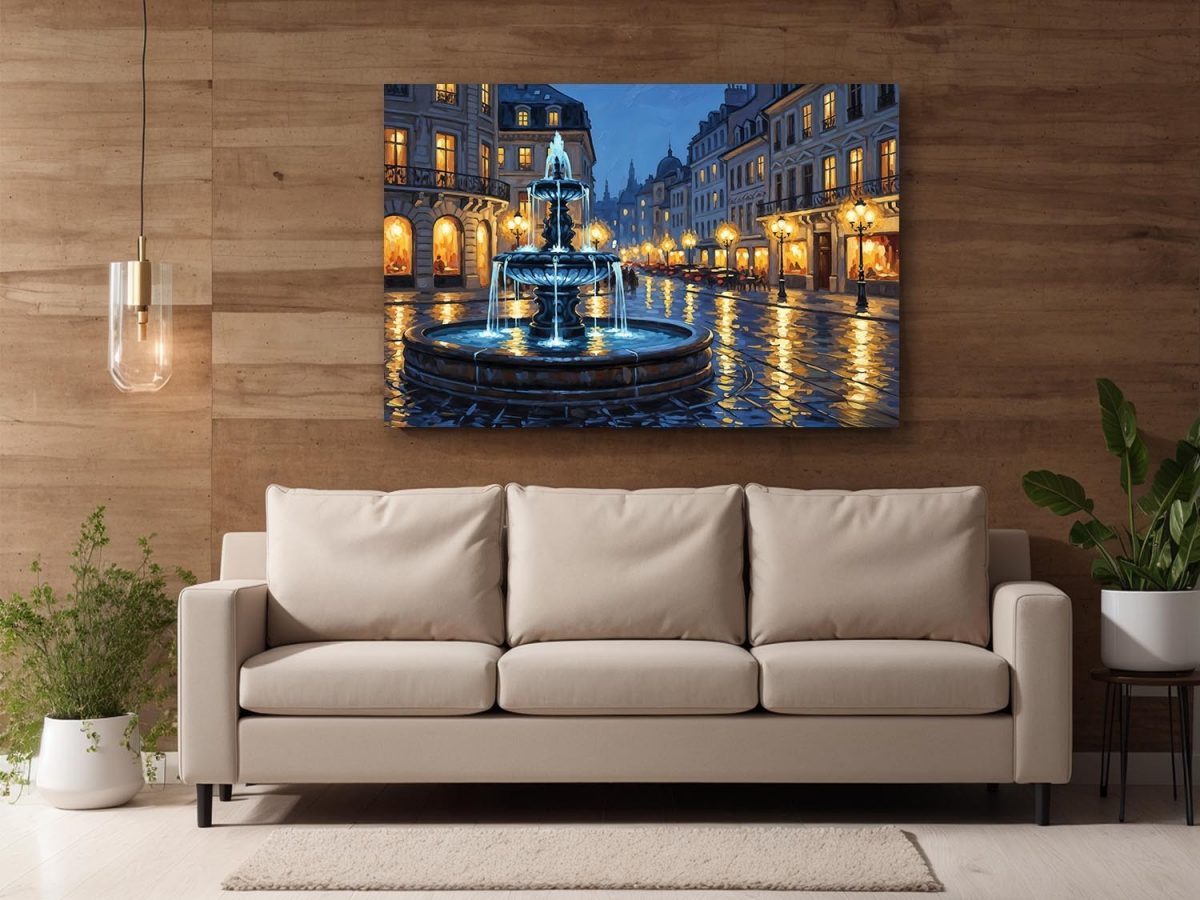 Abendlicher Stadtplatz mit Brunnen , Bild auf Leinwand