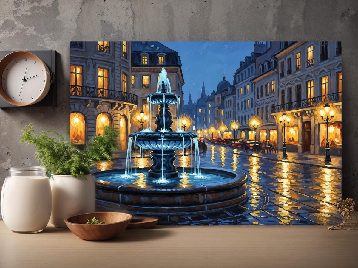 Abendlicher Stadtplatz mit Brunnen , Bild auf Leinwand