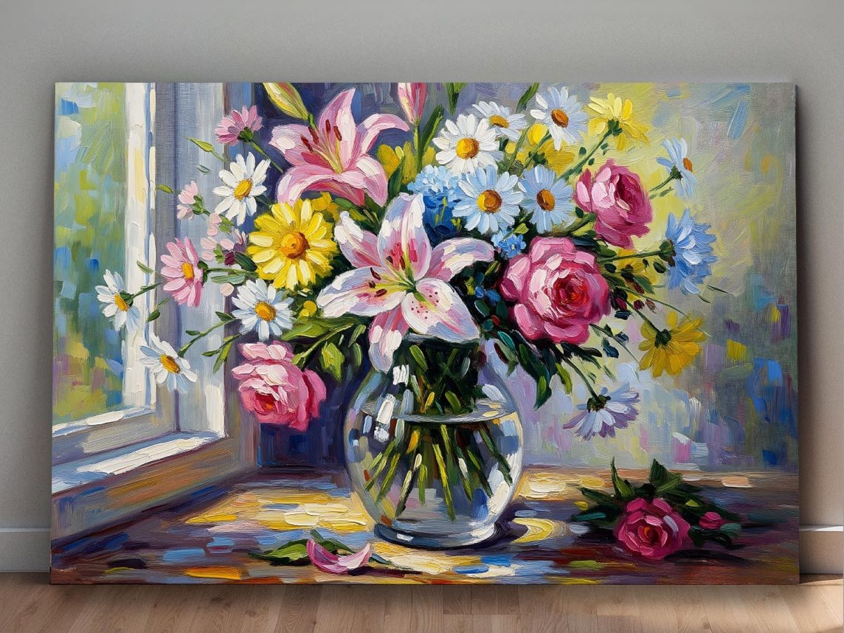 Blumenstrauß am Fenster , Bild auf Leinwand