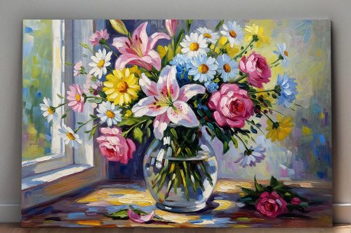 Blumenstrauß am Fenster , Bild auf Leinwand