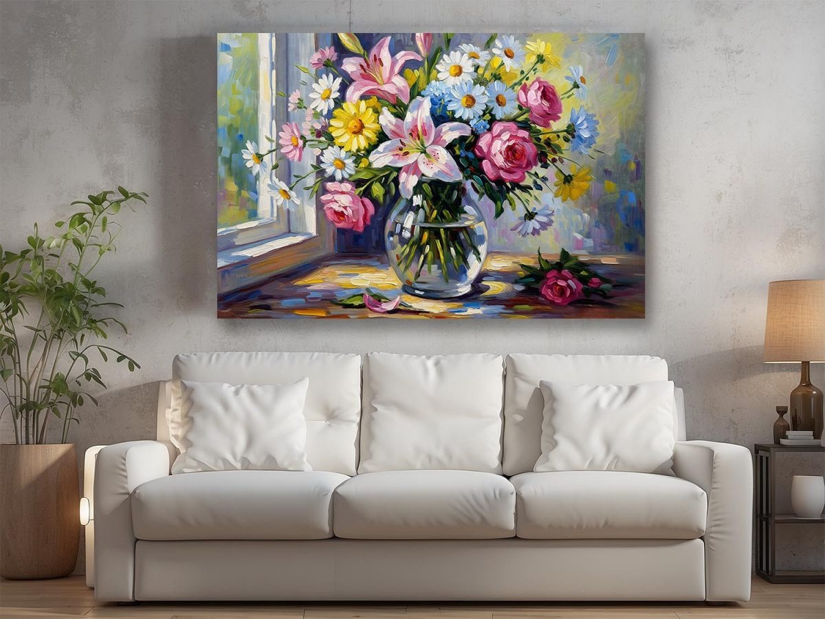 Blumenstrauß am Fenster , Bild auf Leinwand