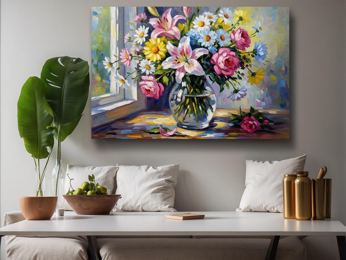 Blumenstrauß am Fenster , Bild auf Leinwand