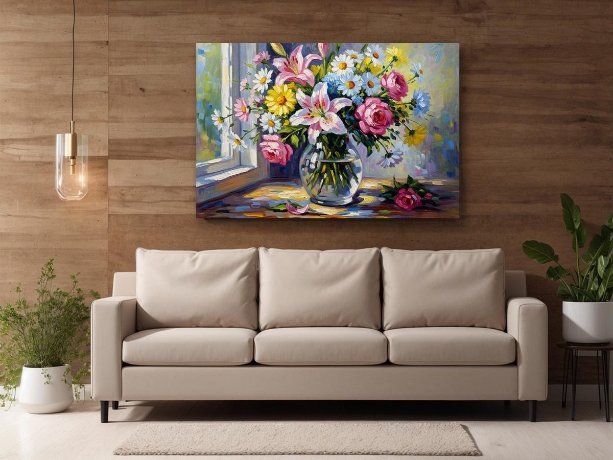 Blumenstrauß am Fenster , Bild auf Leinwand