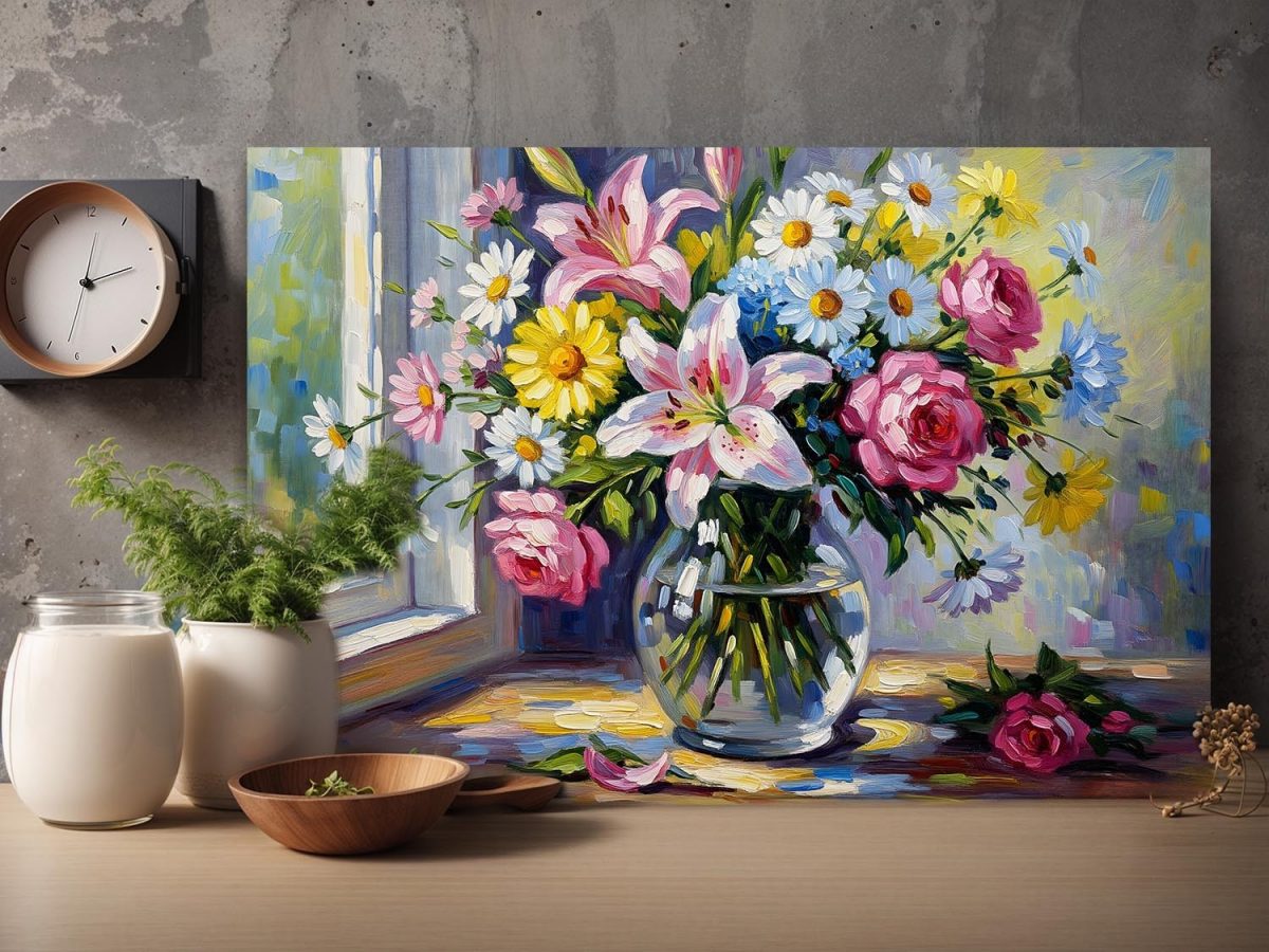 Blumenstrauß am Fenster , Bild auf Leinwand