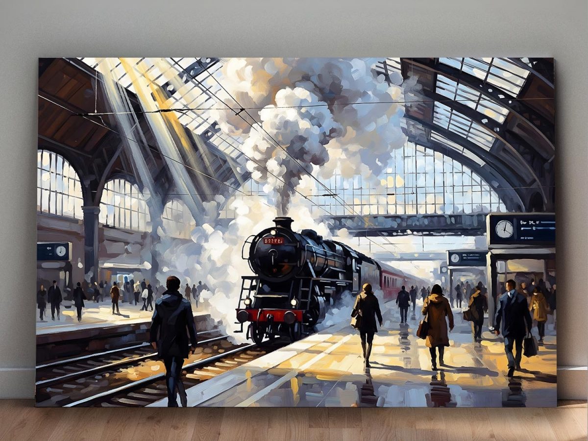 Bahnhofsszene mit Dampflok, Bild auf Leinwand