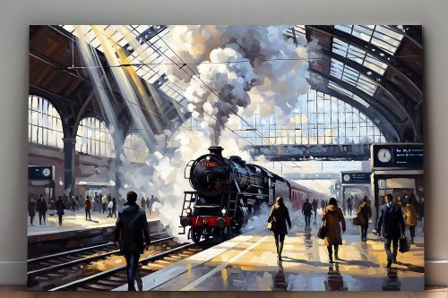 57-758.jpg Bahnhofsszene mit Dampflok, Bild auf Leinwand