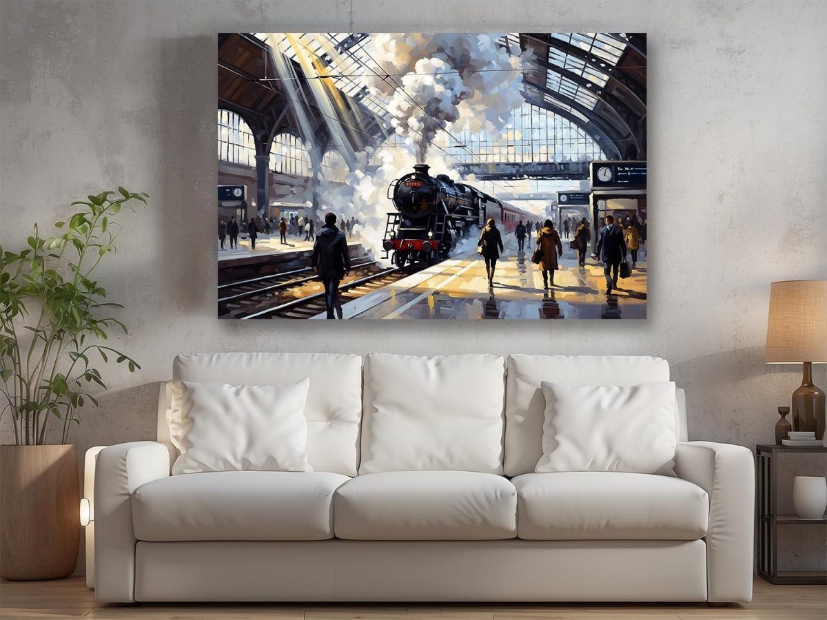 Bahnhofsszene mit Dampflok, Bild auf Leinwand