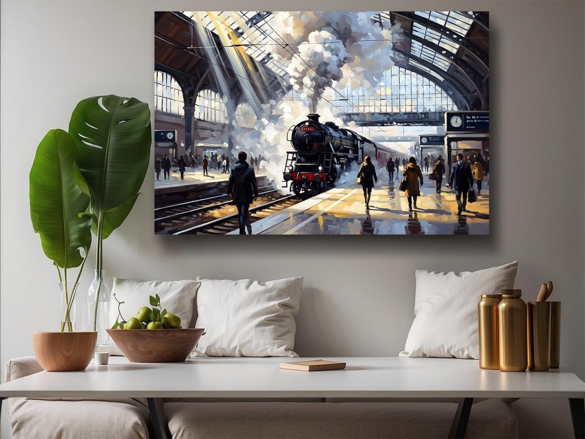 Bahnhofsszene mit Dampflok, Bild auf Leinwand
