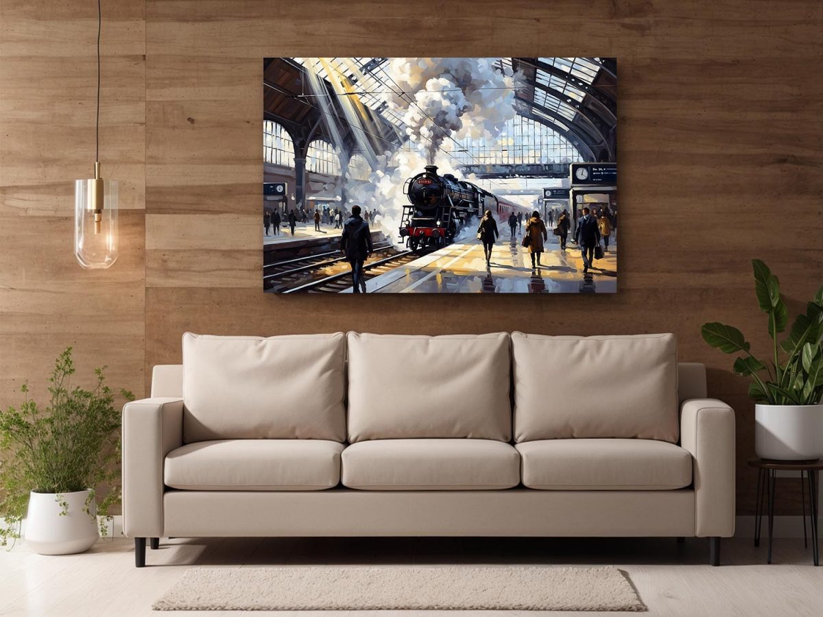Bahnhofsszene mit Dampflok, Bild auf Leinwand