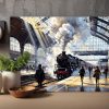 Bahnhofsszene mit Dampflok, Bild auf Leinwand