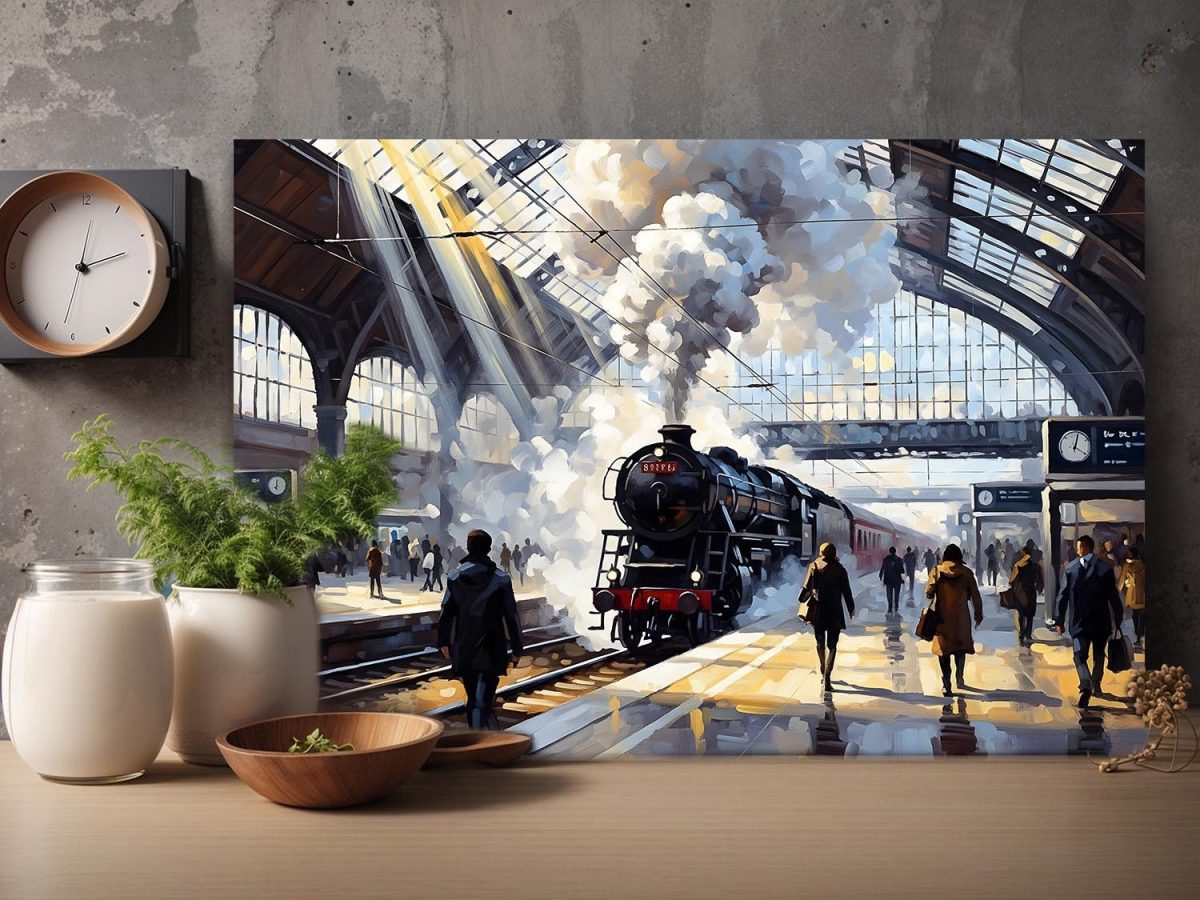 Bahnhofsszene mit Dampflok, Bild auf Leinwand