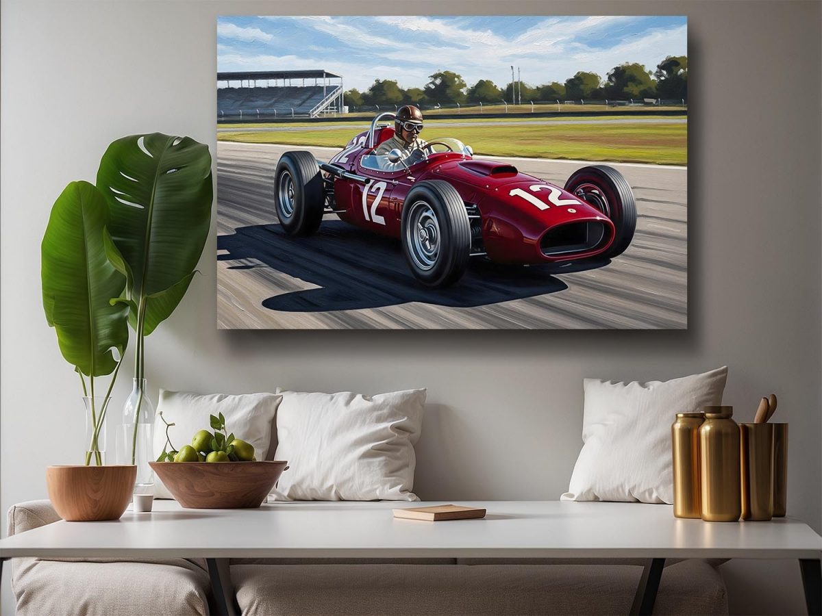 Titel: Historischer Rennwagen auf der Strecke, Bild auf Leinwand