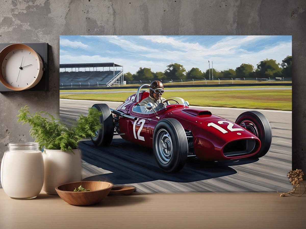 Titel: Historischer Rennwagen auf der Strecke, Bild auf Leinwand