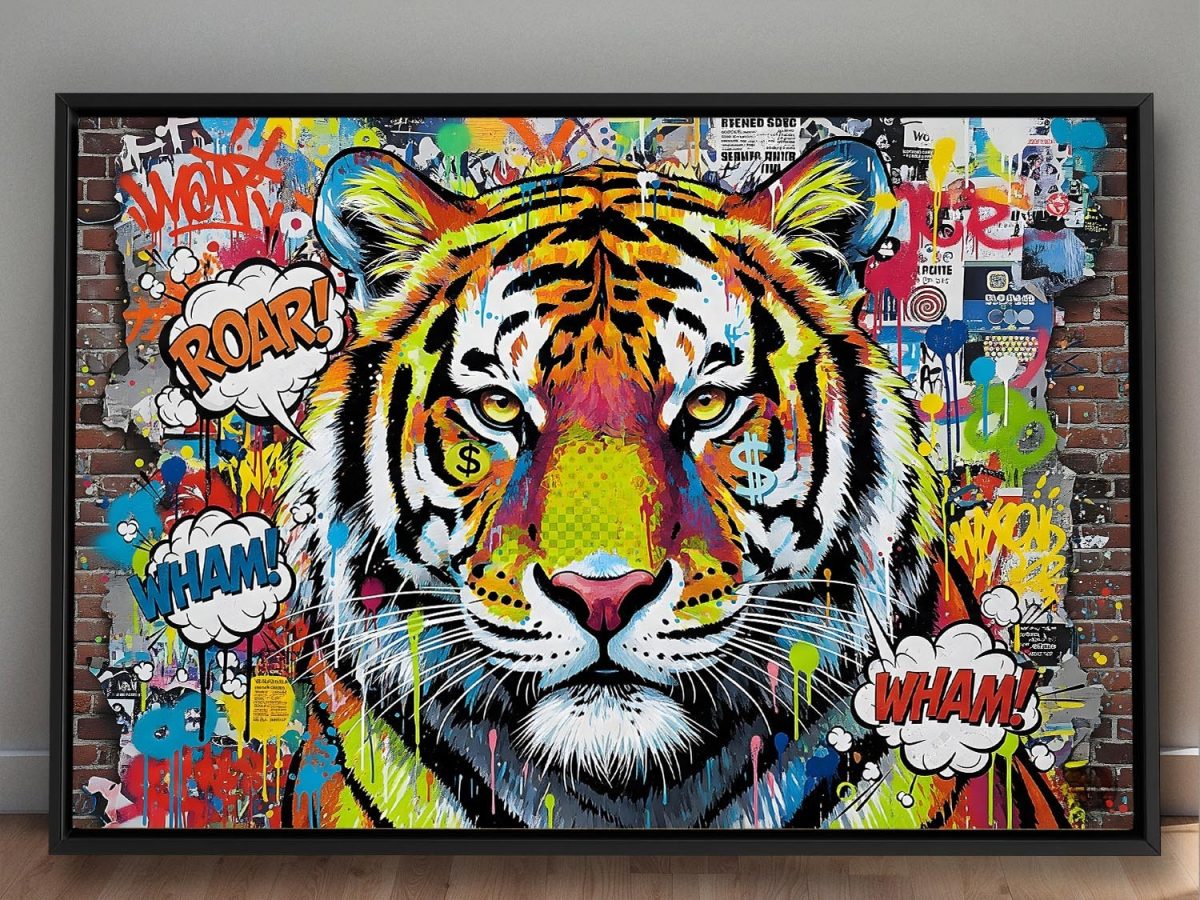 Tiger Street Art - – Leinwanddruck mit Schattenfugenrahmen, Pop Art
