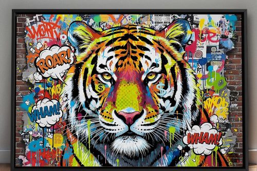 Tiger Street Art - – Leinwanddruck mit Schattenfugenrahmen, Pop Art