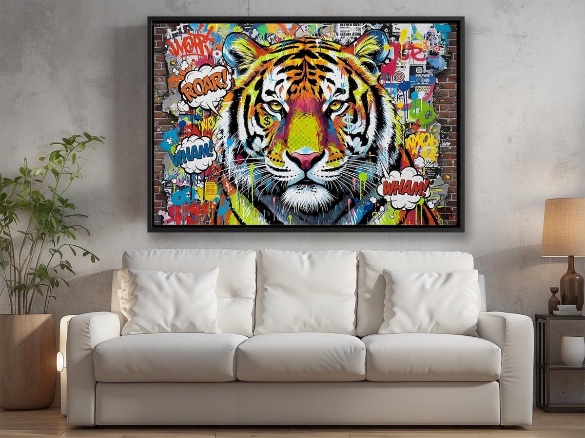 Tiger Street Art - – Leinwanddruck mit Schattenfugenrahmen, Pop Art
