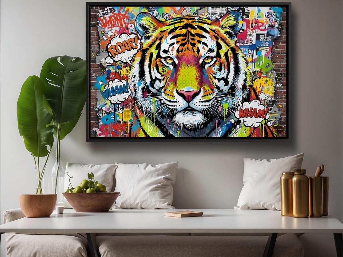 Tiger Street Art - – Leinwanddruck mit Schattenfugenrahmen, Pop Art