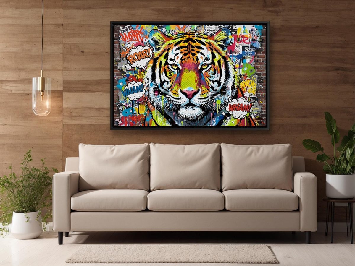 Tiger Street Art - – Leinwanddruck mit Schattenfugenrahmen, Pop Art